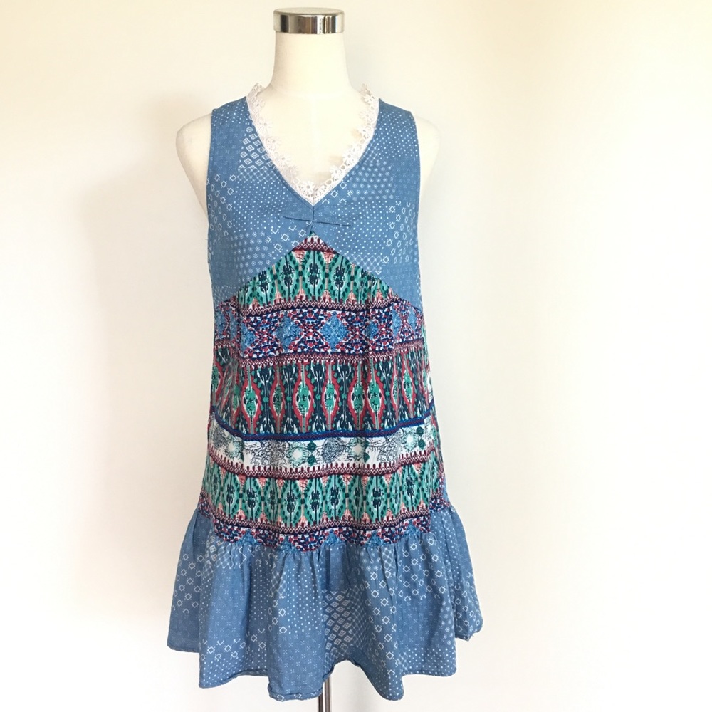 Blue Printed Sleeveless Drop Hem Mini Dress